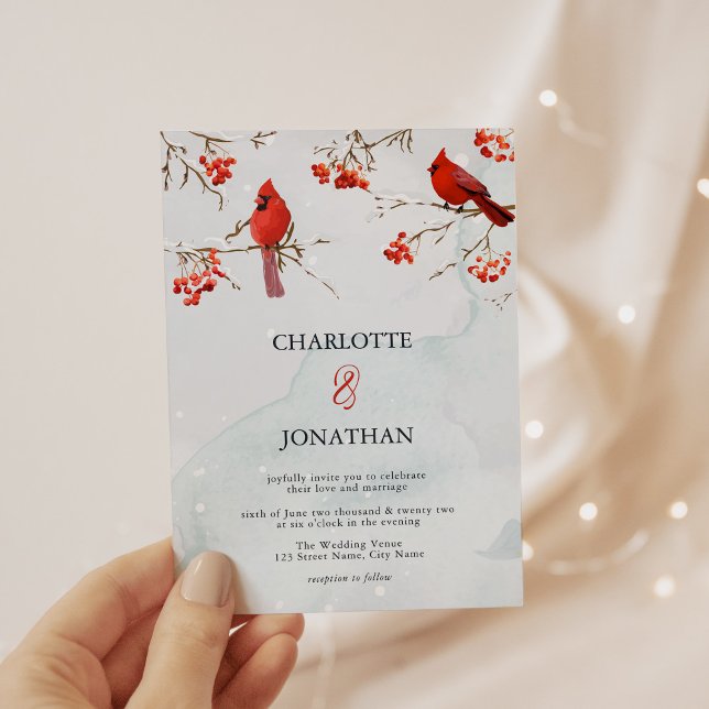Watercolor Birds & Berries Elegant Winter Wedding Inbjudningar (Skapare uppladdad)