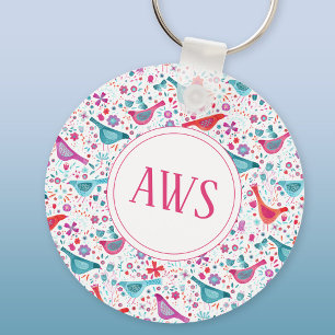 Watercolor Birds Bright Monogram Nyckelring