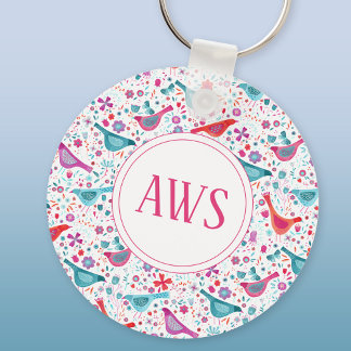 Watercolor Birds Bright Monogram Nyckelring