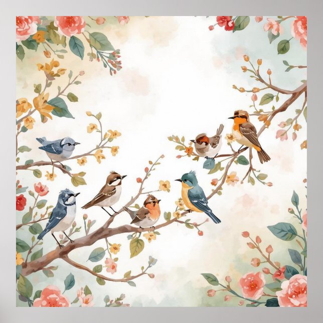 Watercolor Birds in Bloom Poster (Framsidan)