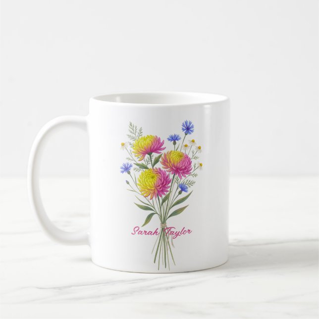 Watercolor Birth Flower Chrysanthemum Custom Kaffemugg (Vänster)