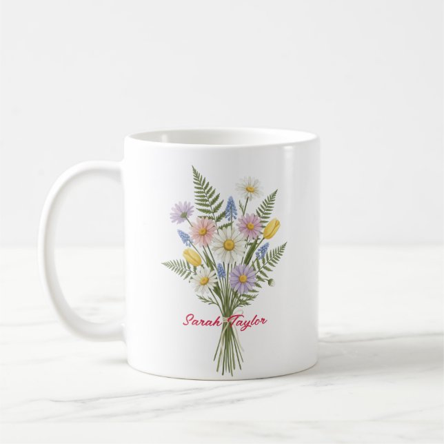 Watercolor Birth Flower Daisy Personalized Mug Kaffemugg (Vänster)