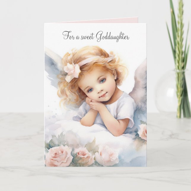 Watercolor Birthday Angel Girl for Goddotter Kort (Framsida)