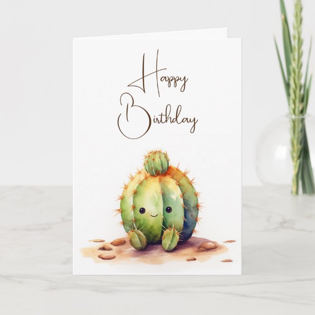 Watercolor Birthday Cactus Kort (Framsida)