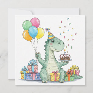 Watercolor Birthday Dinosaur med Party Hat Kort