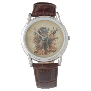Watercolor Bison Buffalo Animal Wildlife Nature Wa Armbandsur