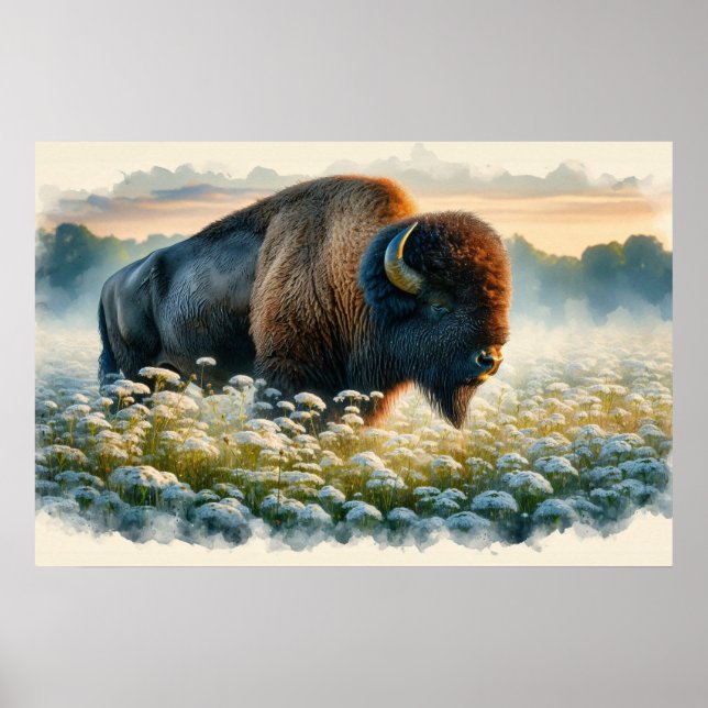 Watercolor Bison White Wildblommor Poster (Framsidan)