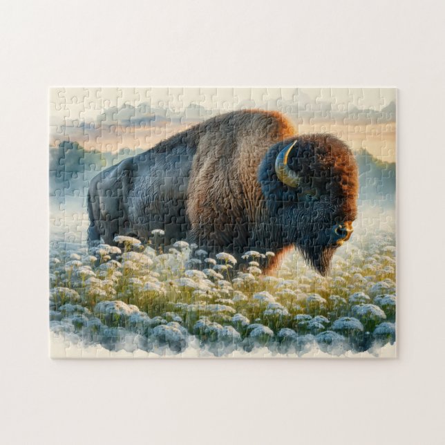 Watercolor Bison White Wildblommor Pussel (Horisontell)