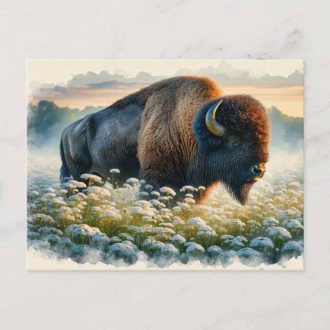 Watercolor Bison White Wildblommor Vykort (Framsida)