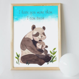 Watercolor Blå himmel Panda Bear & Unge Quote Nurs Poster
