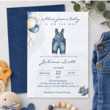 Watercolor Blå Jeans Baby Denim Baby Shower 