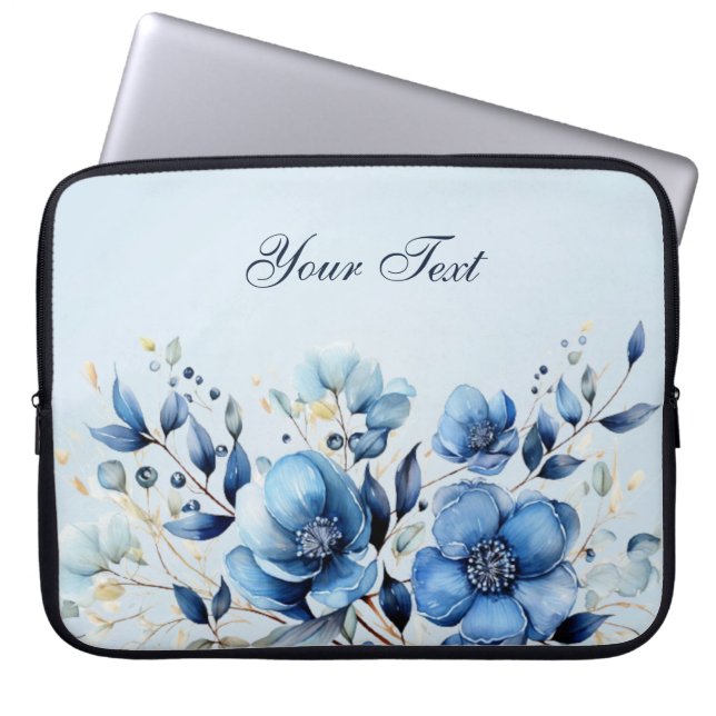 Watercolor Blåa blommor Laptop sleeve (Framsidan)