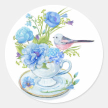 Watercolor Blåa blommor och Bird Tea Kopp