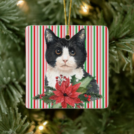 Watercolor Black and White Cat & Poinsettia Julgransprydnad Keramik