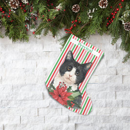 Watercolor Black and White Cat & Poinsettia Liten Julstrumpa