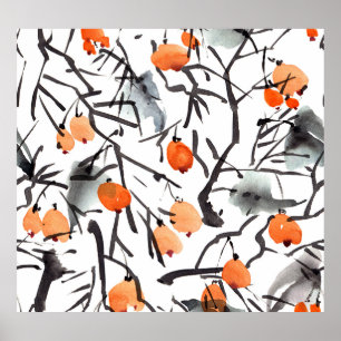 Watercolor Bläck Berries Lövs Illustration Poster
