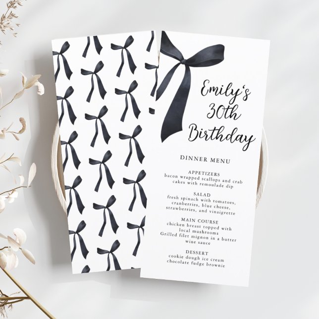 Watercolor Black Bow Birthday Middag Meny (Skapare uppladdad)
