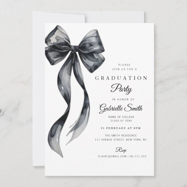 Watercolor black bow modern graduation party inbjudningar (Framsida)