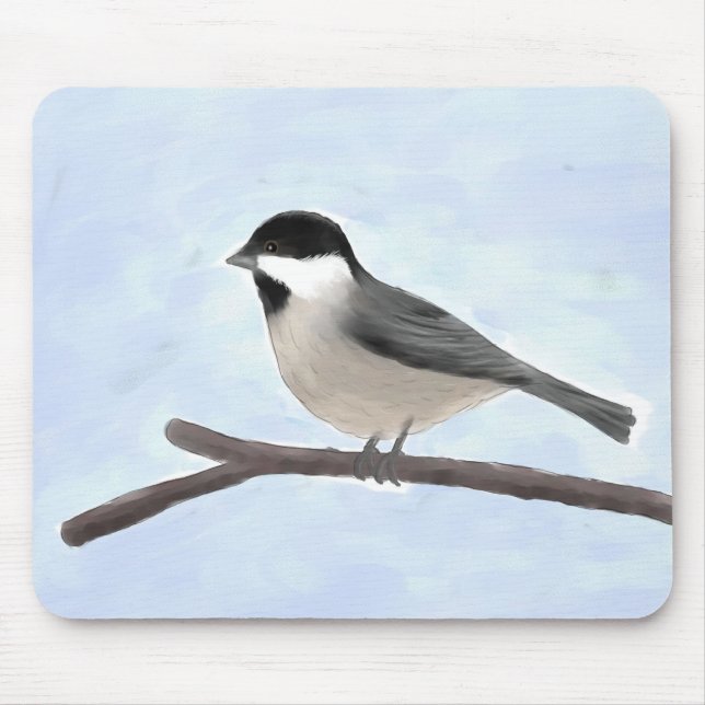 Watercolor Black caps Chickadee Mousepad Musmatta (Framsidan)