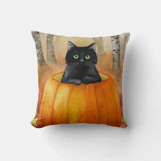 Watercolor Black Cat in Pumpkin Autumn Forest Hall Kudde