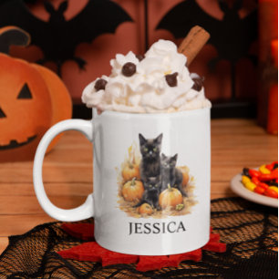 Watercolor Black Cat och Kittens Pumpkin Kaffemugg