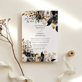 Watercolor Black Guld Blommigt Bröllop Inbjudningar