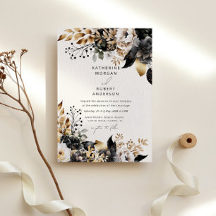Watercolor Black Guld Blommigt Bröllop Inbjudningar