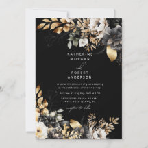 Watercolor Black Guld Blommigt Bröllop