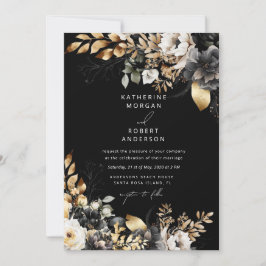 Watercolor Black Guld Blommigt Bröllop Inbjudningar