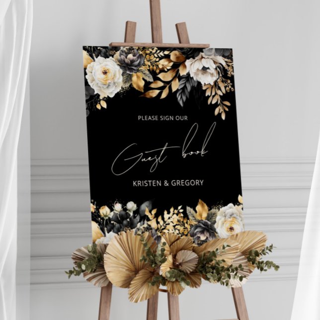 Watercolor Black Guld Blommigt Bröllop Poster (Skapare uppladdad)