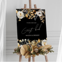 Watercolor Black Guld Blommigt Bröllop Poster