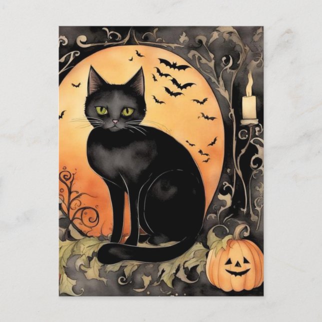 Watercolor Black Halloween Cat Vykort (Framsida)