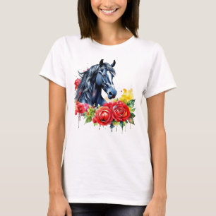 Watercolor Black Horse Röd ros T Shirt