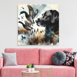 Watercolor Black Labrador och Ankor Canvastryck