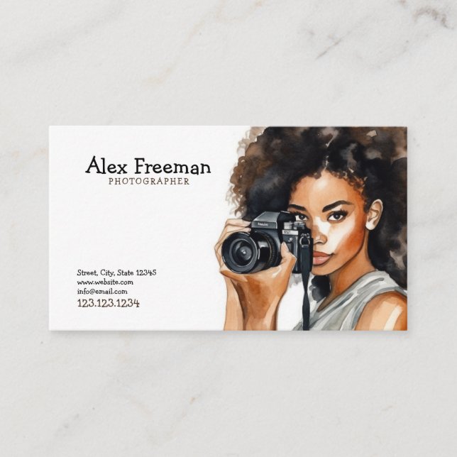 Watercolor Black och Brown Woman Photographer Visitkort (Framsida)
