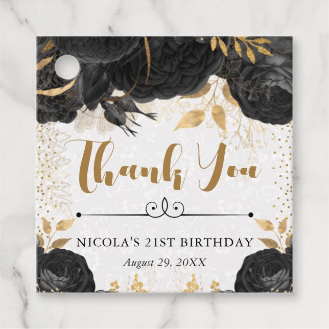 Watercolor Black och Guld Flowers Birthday Gåvor Etiketter (Framsida)