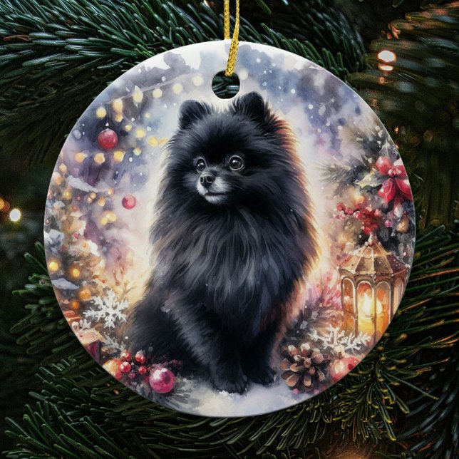 Watercolor Black Pomeranian Festive jul Julgransprydnad Keramik (Skapare uppladdad)