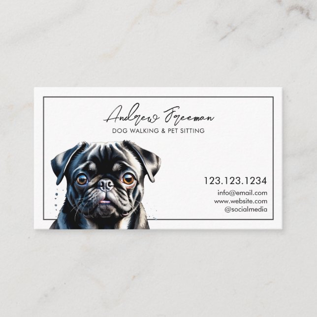 Watercolor Black Pug Hund Walking Visitkort (Framsida)