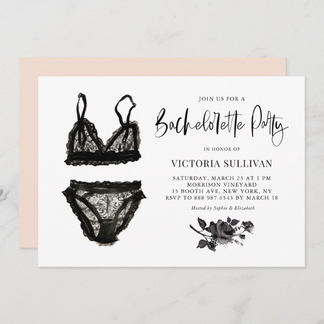 Watercolor Black Snöre Lingerie Bachelorette Party Inbjudningar (Fram/baksida)