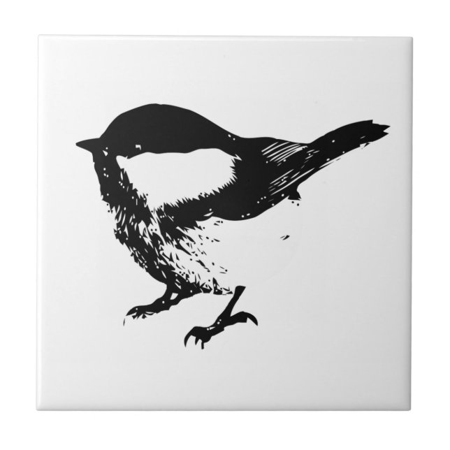 Watercolor Black White Chickadee Bird Wildlife Art Kakelplatta (Framsidan)