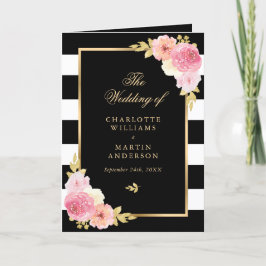 Watercolor Black White Guld Rosa Blommigt Bröllop Program