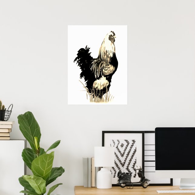 Watercolor Black White Rooster Chicken Farm Bird Poster (Hemmakontoret)