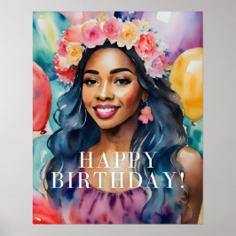Watercolor Black Woman Colorful Grattis på födelse Poster
