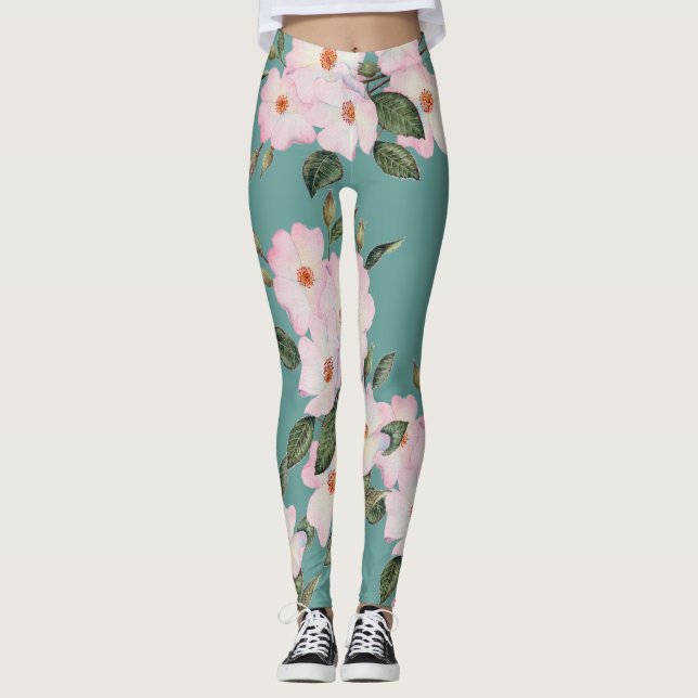 Watercolor Blek Rosa ros Ballerina Mönster Leggings (Framsida)