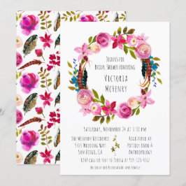Watercolor Blommig Boho Chic Krans Bröllopsfest Inbjudningar