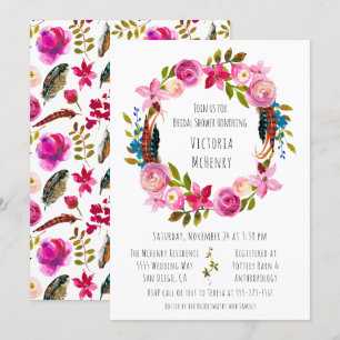 Watercolor Blommig Boho Chic Krans Bröllopsfest Inbjudningar
