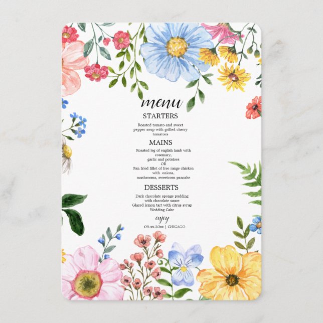 Watercolor Blommig Bröllop Meny (Framsida)