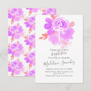 Watercolor Blommig Dop Ceremoni Lila Baby  Inbjudningar