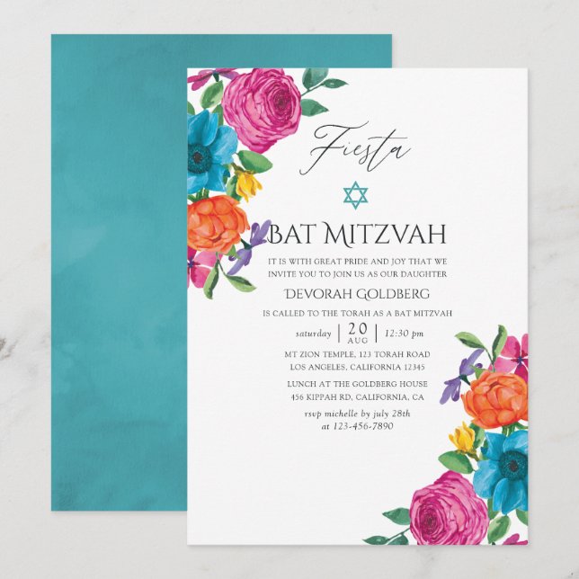 Watercolor Blommig Fiesta Bar Mitzvah Inbjudningar (Fram/baksida)