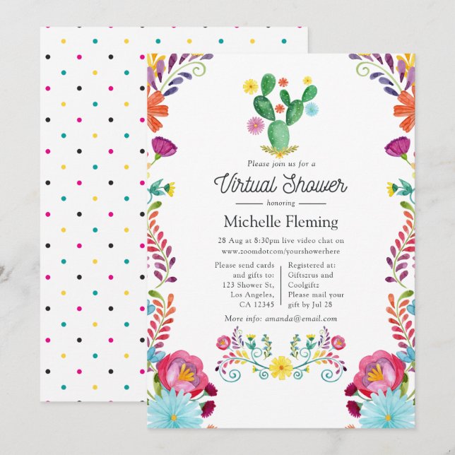Watercolor Blommig Fiesta Virtuell Bebis Shower Inbjudningar (Fram/baksida)